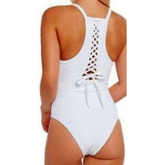 Chloe Rose White Carnation Mini Rib Cut-Out Front Laced Back Swimsuit Sz L  NEW - Picture 3 of 6